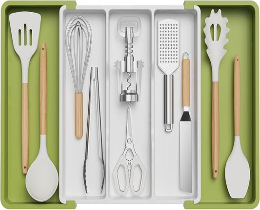 Lifewit Utensil Organizer for Kitchen Drawers, Expandable Cooking Utensil Tray, Adjustable Cutlery Silverware Flatware Holder, Plastic Spatula Tools Storage Divider, 13-22 x 15", Green&White by Lifewit