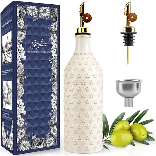 Ceramic Olive Oil Dispenser Bottle for Kitchen with Gravity Spout, 19 oz Opaque Relief Oil Cruet with Funnel, Oil Container for EVOO, Vinegar, and Soy Sauce (Petal Design)