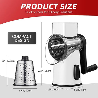 Rotary Cheese Graters with 4 Blades, Hand Crank Cheese Grater with Waffle Slicer, Red, Black and White Cheese Shredder with Suction Base, Easier for Shredding & Grating (White)