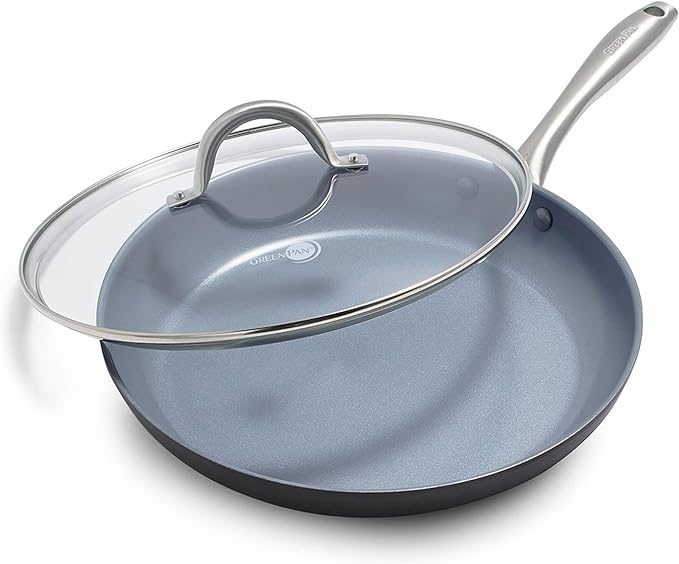 GreenPan Lima Hard Anodized 12" Frying Pan Skillet with Lid, Ceramic Nonstick, PFAS-Free Nontoxic Pots and Pans, Oven & Broiler Safe, Stainless Steel Handle, Cookware for Eggs & Omelet, Gray by GreenPan