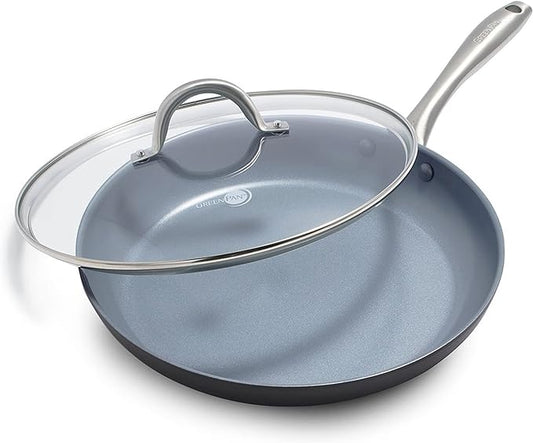 GreenPan Lima Hard Anodized 12" Frying Pan Skillet with Lid, Ceramic Nonstick, PFAS-Free Nontoxic Pots and Pans, Oven & Broiler Safe, Stainless Steel Handle, Cookware for Eggs & Omelet, Gray by GreenPan