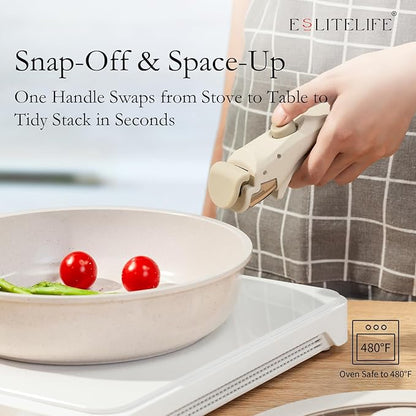 ESLITE LIFE Nonstick Ceramic Frying Pans Skillets Set with Lids & Detachable Handle, Non-Toxic Egg Omelette Kitchen Cooking Pans Compatible with All Stovetops, PTFE & PFOA Free, White, 7-Piece - Image 4