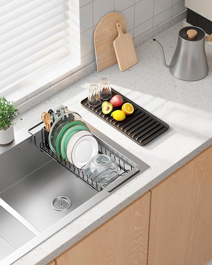 Kitsure Dish Drying Rack - Expandable Dish Rack for Kitchen Counter, Over Sink Or in Sink, Space-Saving Plates Dryer with Cutlery Holder & Drip Tray, 14.0"-20.9" L x 6.3" W x 8.0" H, Black - Image 9