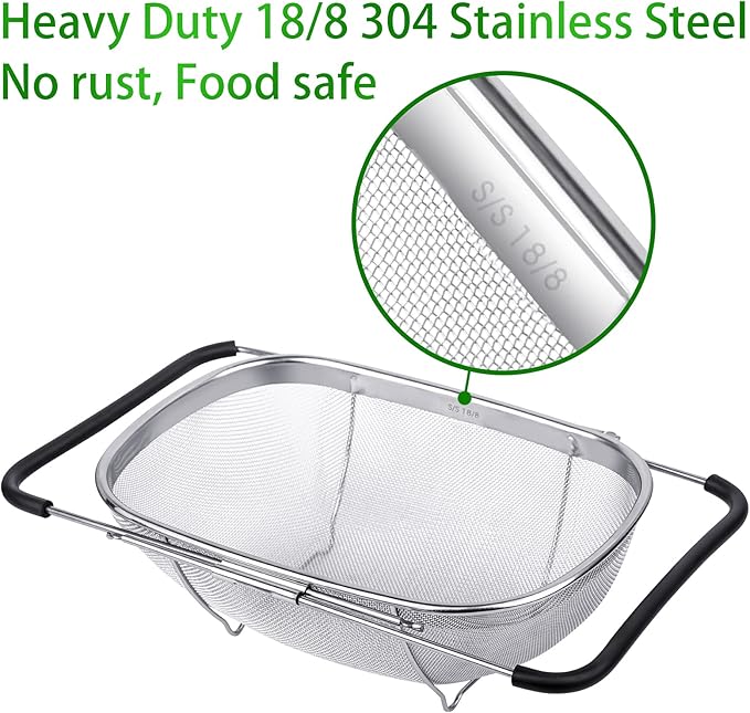 Tiawudi 6-Quart Large Over The Sink Colander, Heavy Duty 40% Thicker 18/8 Stainless Steel Fine Mesh Strainer Basket with Expandable Rubber Grip Handles - Strain, Drain, Rinse Fruits, Vegetables - Image 3