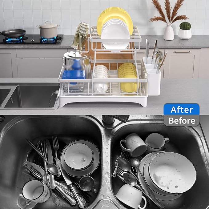 Godboat Dish Drying Rack, 2-Tier Dish Rack with Auto-Drain & Mat, Dish Racks for Kitchen Counter, Dish Drainer with Knife, Fork & Cup Rack, Gifts for Women, Mothers Day, Kitchen Gadgets, White - Image 7