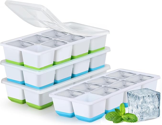 Large Ice Cube Trays with Lid, Jrisbo 2 Pack Stackable Silicone Ice Cube Molds for Freezer, Easy Release 16 Big Square Ice Trays for Whisky Cocktails (2 Blue 2 Green) by Jrisbo