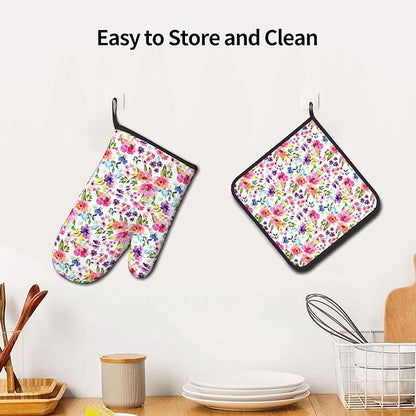 Floral Oven Mitts and Pot Holders Sets Spring Summer Kitchen Mitts Colorful Blossom Potholders 2PCS Wildflower Oven Gloves Hot Pads for Kitchen Baking Cooking - Image 6