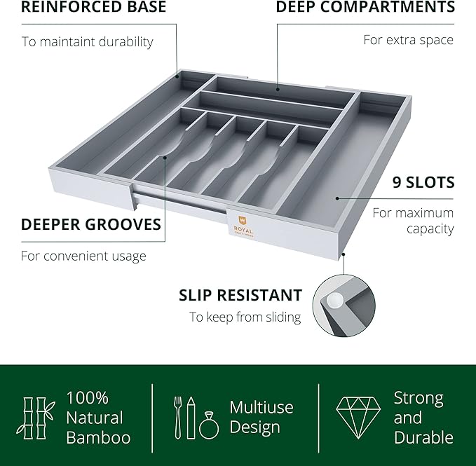 ROYAL CRAFT WOOD Luxury Bamboo Kitchen Drawer Organizer - Silverware Organizer - Utensil Holder and Cutlery Tray with Grooved Drawer Dividers for Flatware and Kitchen Utensils (9 Slot, Gray) - Image 4