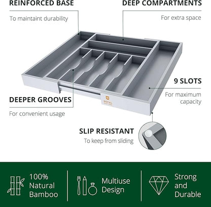 ROYAL CRAFT WOOD Luxury Bamboo Kitchen Drawer Organizer - Silverware Organizer - Utensil Holder and Cutlery Tray with Grooved Drawer Dividers for Flatware and Kitchen Utensils (9 Slot, Gray) - Image 4