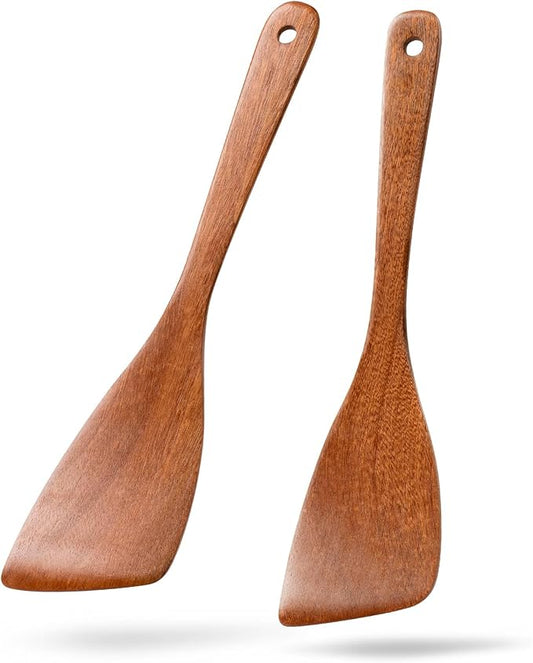 2PCS Wooden Spatulas for Cooking, 12.8inch Coated Sapele Wood Turners for Frying, Non-Scratch Bevel Spurtle for Pan & Wok, Wooden Cooking Utensils for Non Stick Cookware, Long Handle Scraper by HEFILD