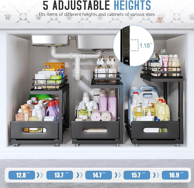 Under Sink Organizer Upgrade To Professional Rails,2-Tier Dual Pull Out Cabinet Storage,Height Adjustable Slide Out Drawers For Bathroom Kitchen,1 Pack-18.5"Dx12.8"-16.9"H,Black - Image 6