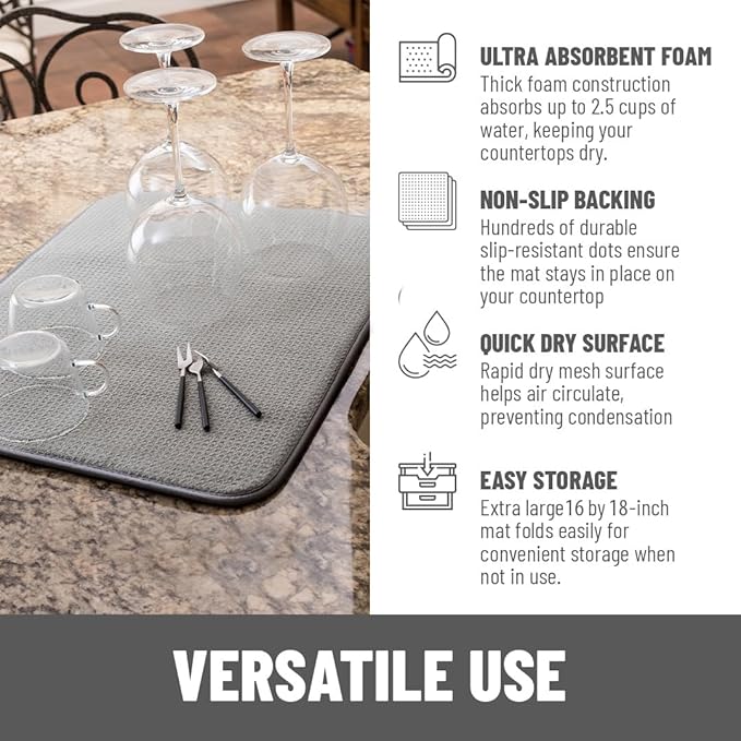Bellemain XL Dish Mat Microfiber Dish Drying Mat, Super absorbent (Grey, 16" x 18") - Image 4