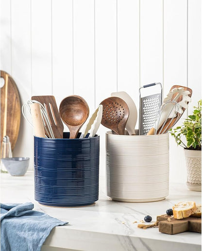 Large Utensil Holder for Kitchen Counter, 7.3” Ceramic Cooking Utensil Crocks for Spatula & Spoon, Farmhouse Kitchen Utensil Holder with Cork, Home Decor, Off-White