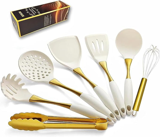 Elegant White Gold Silicone Cooking Utensils Set - Non-Toxic, Dishwasher Safe Kitchen Utensils Set with Heat Resistant Comfort Handles - Includes Spatula & Spoon for Nonstick Cookware by Unknown