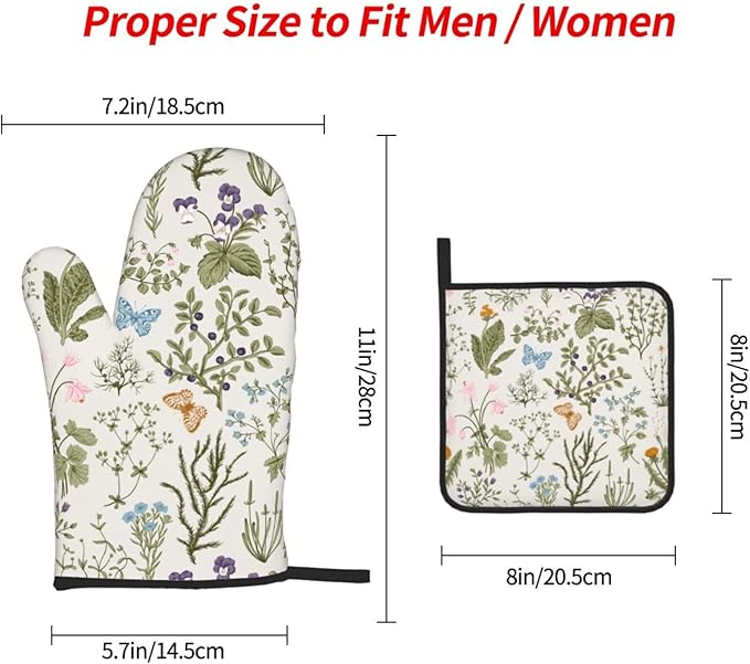 Vintage Floral Oven Mitts and Pot Holders Sets of 3 Cute Botanic Hot Pads Herbs and Wild Flowers Oven Gloves Heat Resistant Washable for Kitchen Cooking Grilling Baking - Image 4
