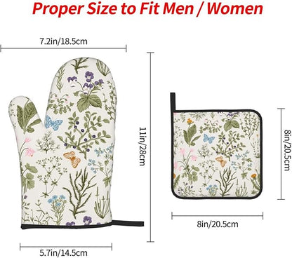 Vintage Floral Oven Mitts and Pot Holders Sets of 3 Cute Botanic Hot Pads Herbs and Wild Flowers Oven Gloves Heat Resistant Washable for Kitchen Cooking Grilling Baking - Image 4
