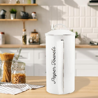 AuldHome Design Farmhouse Paper Towel Holder (White); Rustic Enamelware Countertop Paper Towel Dispenser for Kitchen