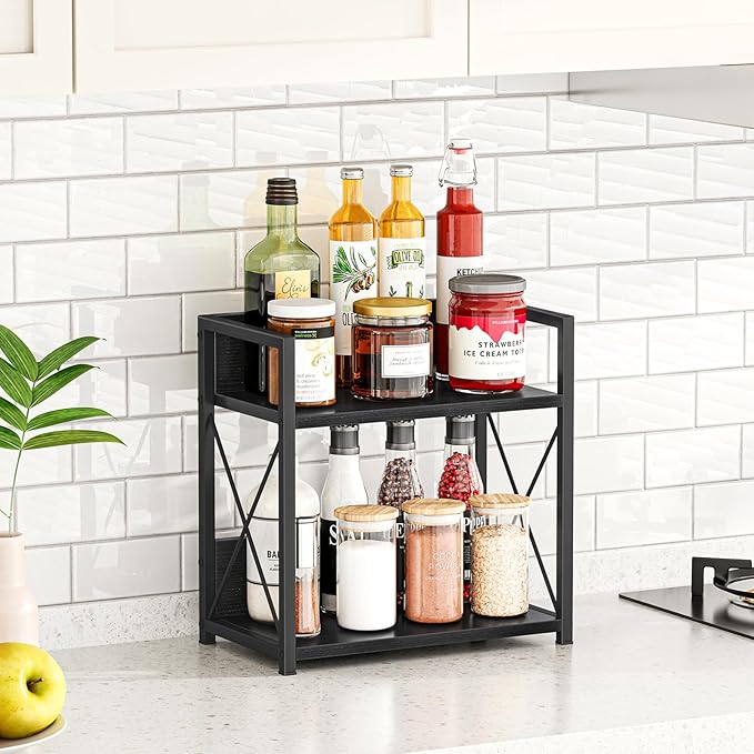 Giikin Countertop Organizer, 2 Tier Coffee Station Organizer for Desktop, Wood Counter Shelf Spice Rack for Kitchen (Black, M) - Image 4