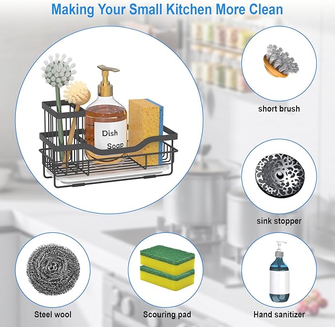 Sponge Holder for Kitchen Caddy Sink Organizer, Multifunctional Rustproof Dish Soap Sponge Caddy for Sink Counter with Detachable Brush Holder & Drain Tray - Storage Kitchen & Home Accessories - Image 2