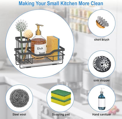 Sponge Holder for Kitchen Caddy Sink Organizer, Multifunctional Rustproof Dish Soap Sponge Caddy for Sink Counter with Detachable Brush Holder & Drain Tray - Storage Kitchen & Home Accessories - Image 2