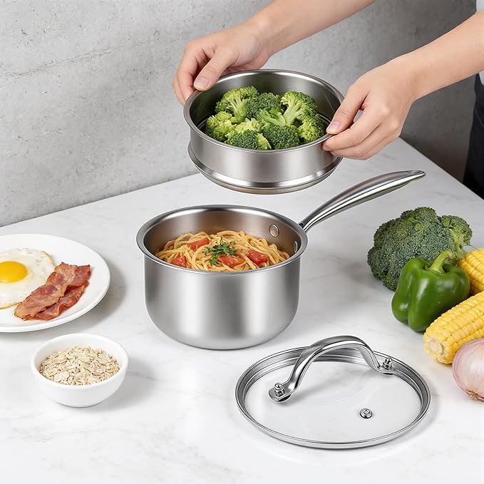 Ohtomber Tri-Ply Steamer for Cooking - Stainless Steel 3 Qt Saucepan with Lid, Medium Kitchen Induction Cooking Pot with Vegetable Food Steamer Basket, Non Stick Sauce Pan with Stay-Cool Handle - Image 3