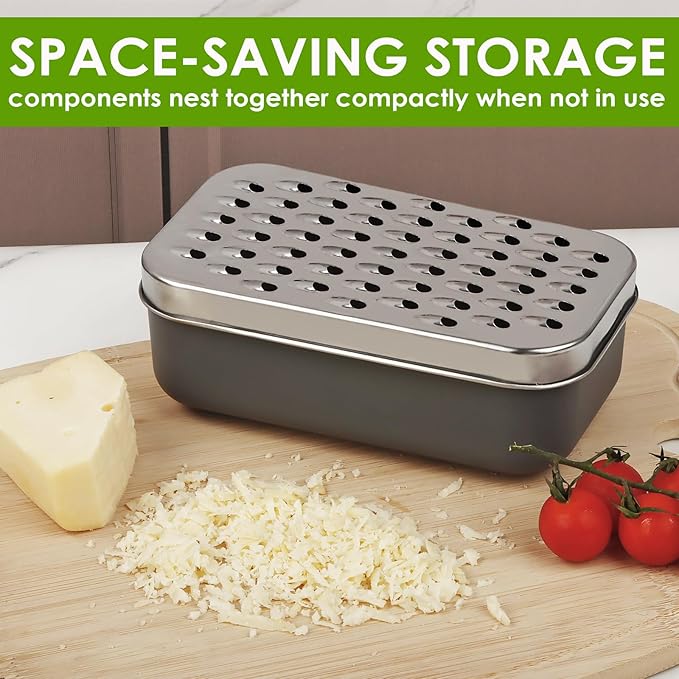Cheese Grater Citrus Lemon Zester with Food Storage Container & Lid - Perfect For Hard Parmesan Or Soft Cheddar Cheeses, Ginger, Vegetables, Butter, Chocolate & Nutmeg, Gray