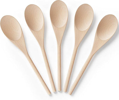 Wooden Spoons for Cooking, MORGLES 10-Inch Serving Spoons for Stirring Mixing Serving Long Handle Plastic Free Reusable Non Scratch Dishwasher Safe, 5PCS