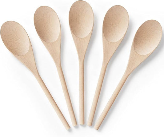 Wooden Spoons for Cooking, MORGLES 10-Inch Serving Spoons for Stirring Mixing Serving Long Handle Plastic Free Reusable Non Scratch Dishwasher Safe, 5PCS