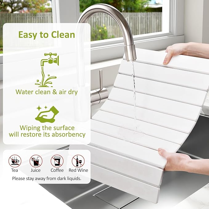 Large Stone Dish Drying Mat for Kitchen Counter, 24"(L)×16"(W), Collapsible Quick Dry Stone Dish Mats, Super Absorbent Diatomaceous Earth Drying Pad for Dishes Bottles Cups, Any Countertop (White) - Image 5
