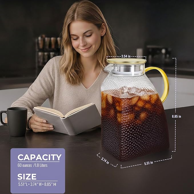 Glass Pitcher With Lid and Spout, 1.8 Liter 60 oz Glass Pitchers With Handle And Lid, Jug Water Pitchers For Fridge, Carafe Jar for Hot/Cold Water Iced Tea Juice Coffee Milk Beverage - Image 2
