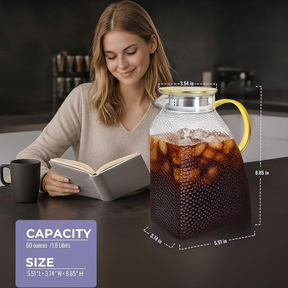 Glass Pitcher With Lid and Spout, 1.8 Liter 60 oz Glass Pitchers With Handle And Lid, Jug Water Pitchers For Fridge, Carafe Jar for Hot/Cold Water Iced Tea Juice Coffee Milk Beverage - Image 2