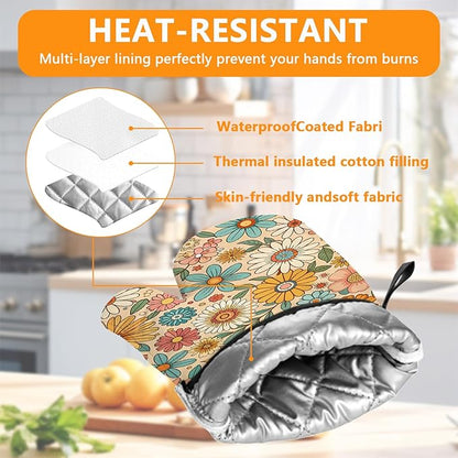 Boho Floral Oven Mitts and Pot Holders Sets 4Pcs,Extra Long Oven Gloves Potholder for Kitchen Cooking Baking BBQ 100% Cotton Heat Resistant - Image 3
