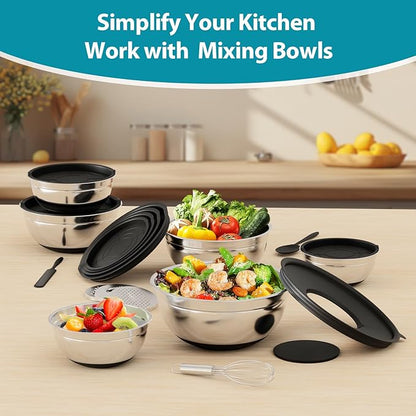 20-Piece Mixing Bowls Set with Airtight Lids – 6 Stainless Steel Kitchen Bowls (4.5QT, 4QT, 3.5QT, 2.1QT, 1.5QT, 1.1QT), 3 Grater Attachments, Non-Slip Silicone Bottoms, Perfect for Baking & Serving - Image 7