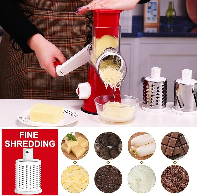 Cambom Rotary Cheese Grater Hand Crank Cheese Shredder for Fresh Cheese, Vegetable, Nuts,Non-slip Suction Base, Free Cleaning Brush Three Blades, Red - Image 3