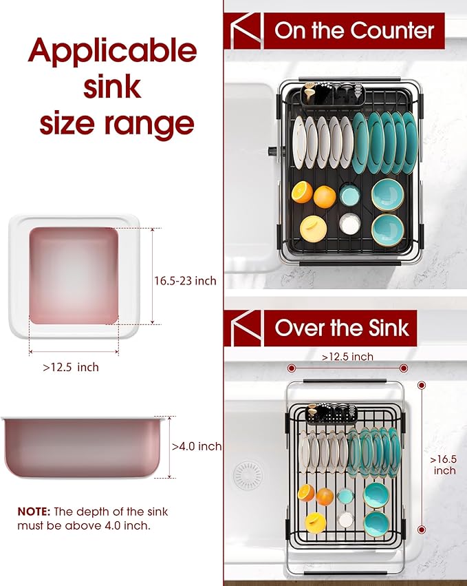 Sakugi Extendable Dish Drying Rack Over Sink with Dish Drainer, Sink Organization and Storage Essentials with Silverware & Utensil Holder, Home and Apartment Decor, 12" W x 16.1~23" L, Black - Image 5