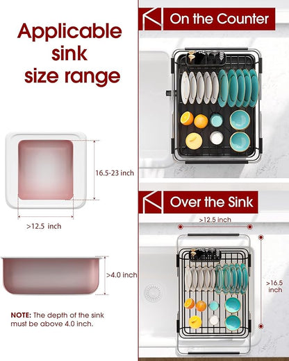 Sakugi Extendable Dish Drying Rack Over Sink with Dish Drainer, Sink Organization and Storage Essentials with Silverware & Utensil Holder, Home and Apartment Decor, 12" W x 16.1~23" L, Black - Image 5