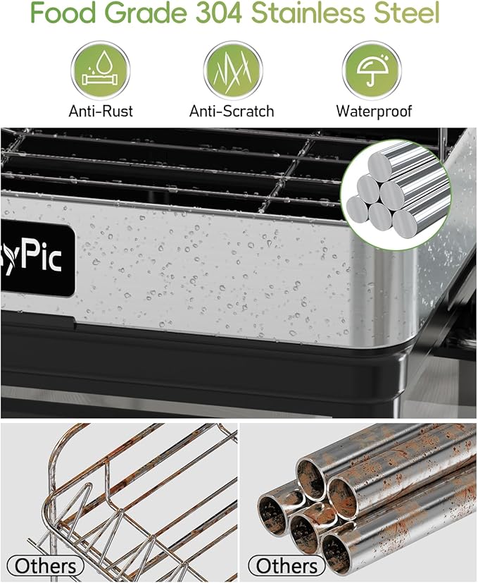 2 Tier Dish Drying Rack, Thicker Premium 304 Stainless Steel Dish Racks for Kitchen Counter, Automatic Drainage Spout, Dish Drainer & Drainboard Set with Utensil Holder and Cup Holder, Black - Image 2