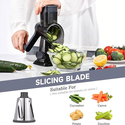 Rotary Cheese Grater with Handle Kitchen Shredder Slicer Grater Slicer Ice Shaver Cheese Vegetable Nuts Potato Zucchini Chocolate 3 Interchangeable Blades (Grey TSP) - Image 4