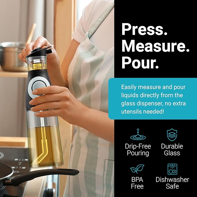 Belwares Oil and Vinegar Dispenser Set with Measuring Cup - 2 Glass Olive Oil Dispenser Bottles for Kitchen - Cooking Oil Bottle Set, Drip-Free Cruets for Salad Dressing, BPA-Free, Dishwasher Safe - Image 4