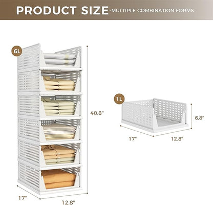 Pinkpum 6 Pack Closet Organizers Storage Bins, Stackable Plastic Drawer Basket for Clothing, Stackable Storage Bins Shelf Storage Container for Closet Wardrobe Bedroom Bathroom Office White - Image 2