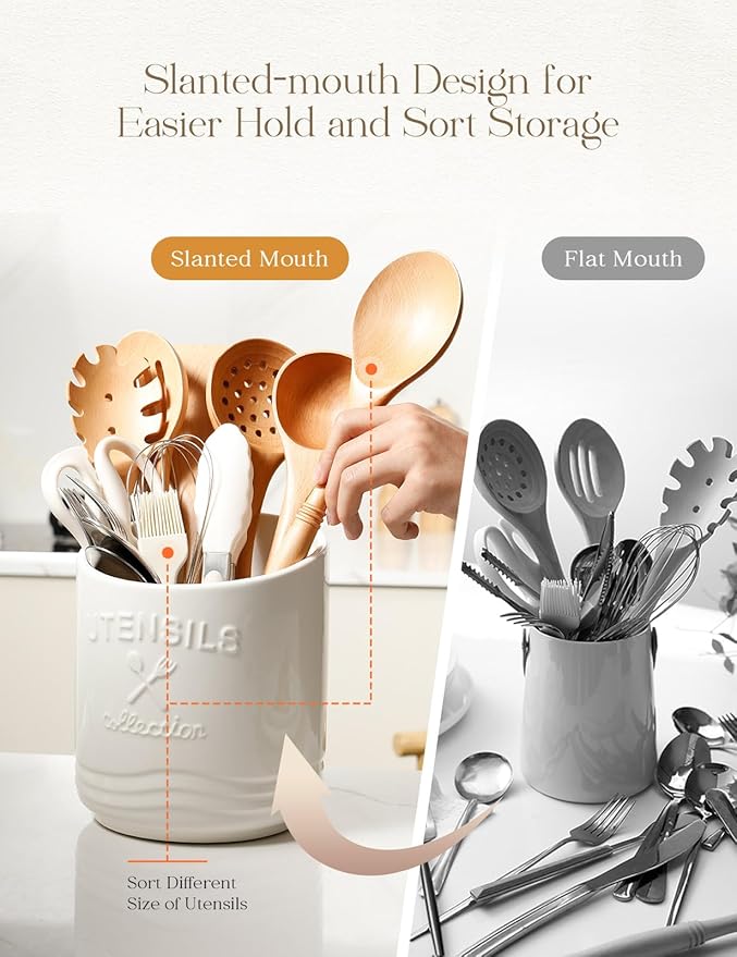 AISBUGUR Large Ceramic Utensil Holder: 7.5" H×6.3" W with Slanted Mouth - Utensil Crock with Non-Slip Cork Base for Kitchen Counter, Ideal for Decor & Gift,white utensil holder - Image 4