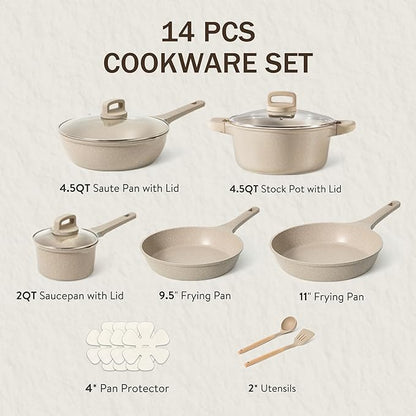 CAROTE 14 Pcs Pots and Pans Set Nonstick, Induction Kitchen Cookware Sets, Non Stick Kitchen Cooking Set with Frying Pans Set
