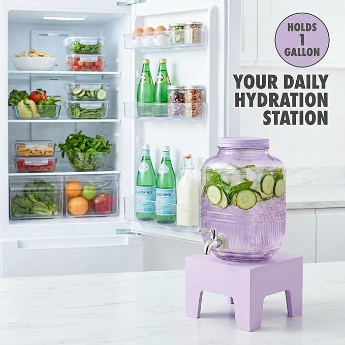 Beverage Dispenser 1 Gallon, Glass Drink Dispenser with Wooden Base Stand, Wide Mouth Jar for Lemonade, Iced Tea, Infused Water, Vintage Kitchen Decor - Lavender
