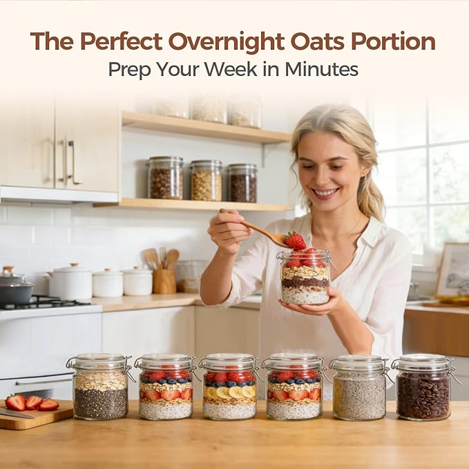 ComSaf 17oz Overnight Oats Containers with Lids 6-Pack, Wide Mouth Glass Jars for Meal Prep, 500ml Airtight Glass Canisters with Wire Clamp for Sourdough Starter, Fridge Pickling & Pantry Organization - Image 4