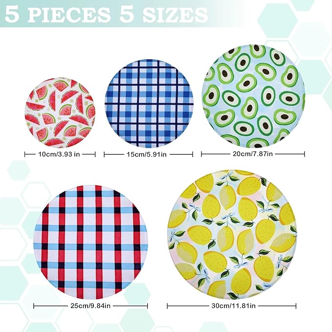 5-Size Reusable Beeswax Bowl Covers for Bread Proofing, Cotton Cloth Flexible Beeswax Wraps for Food Storage(Fruit Grid) - Image 2