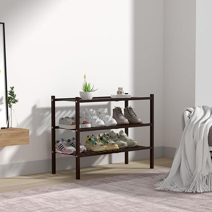 ROMGUAR CRAFT 3 Tier Bamboo Shoe Rack for Closet Free Standing Wood Shoe Shelf for Entryway Small Space Stackable 27"x11"x20" (Brown) - Image 7