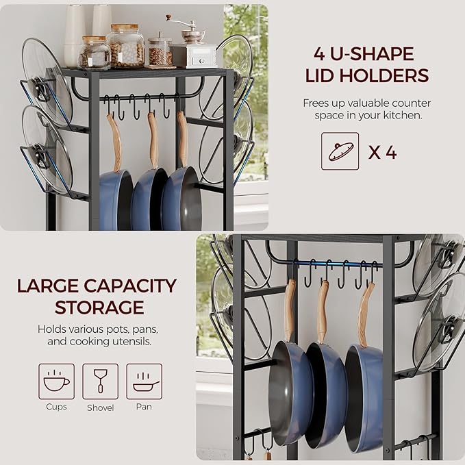 MAHANCRIS 4-Tier Pot Rack, Pots and Pans Organizer for Kitchen, Lid Organizer Rack with U-Shaped Lid Holders, Kitchen Storage Shelf for Standing Cookware, Black POBK3001 - Image 4