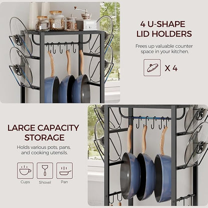 MAHANCRIS 4-Tier Pot Rack, Pots and Pans Organizer for Kitchen, Lid Organizer Rack with U-Shaped Lid Holders, Kitchen Storage Shelf for Standing Cookware, Black POBK3001 - Image 4