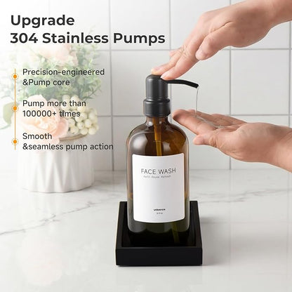 Glass Soap Dispenser Set for Kitchen, Hand and Dish Soap Dispenser with Stainless Steel Pump & Resin Tray, Rental-Modern Refillable Countertop Soap Dispenser for Kitchen Hotel,Amber