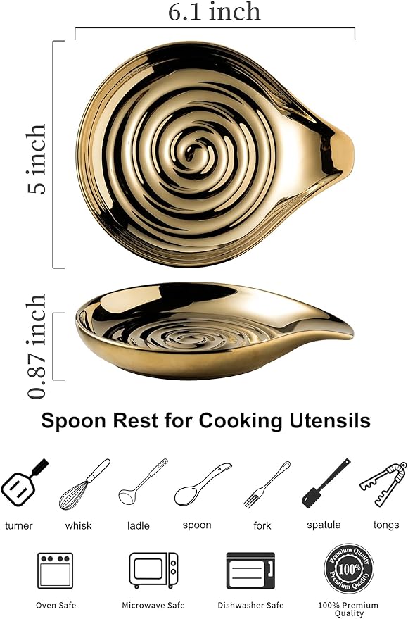 LAUCHUH Spoon Rest for Stove Top, Ceramic Spoon Holder for Kitchen Countertop Large Cooking Utensil Rest for Mother's Day, Spatula, Spoons, Tong, Ladle, Fork, Heat-Resistant, 5 inch, Gold